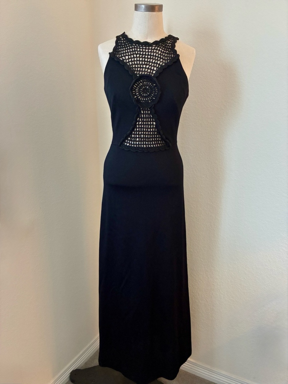 Vtg 70s sz XS Mr. Boots Black Dress Crochet Prom Whimsygoth Homecoming Formal